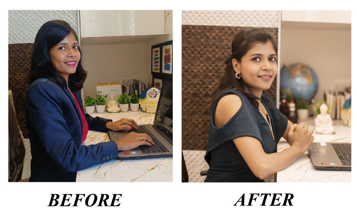 Latha Tater before and after, working at her desk