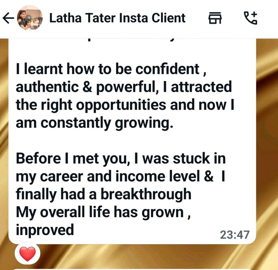 WhatsApp message from Latha Tater about learning to be confident, authentic and powerful
