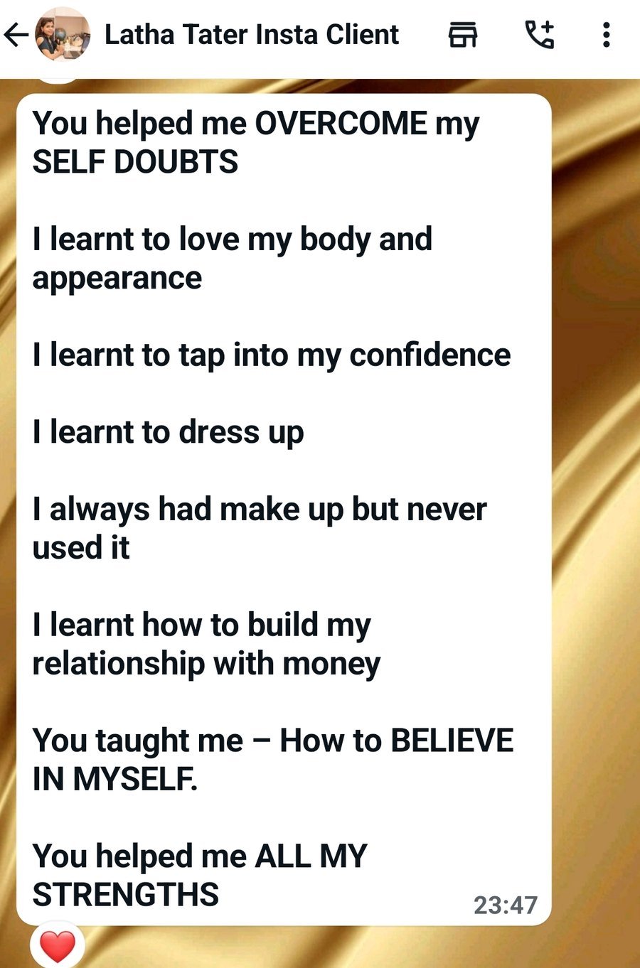 WhatsApp message from Latha Tater listing what she overcame
