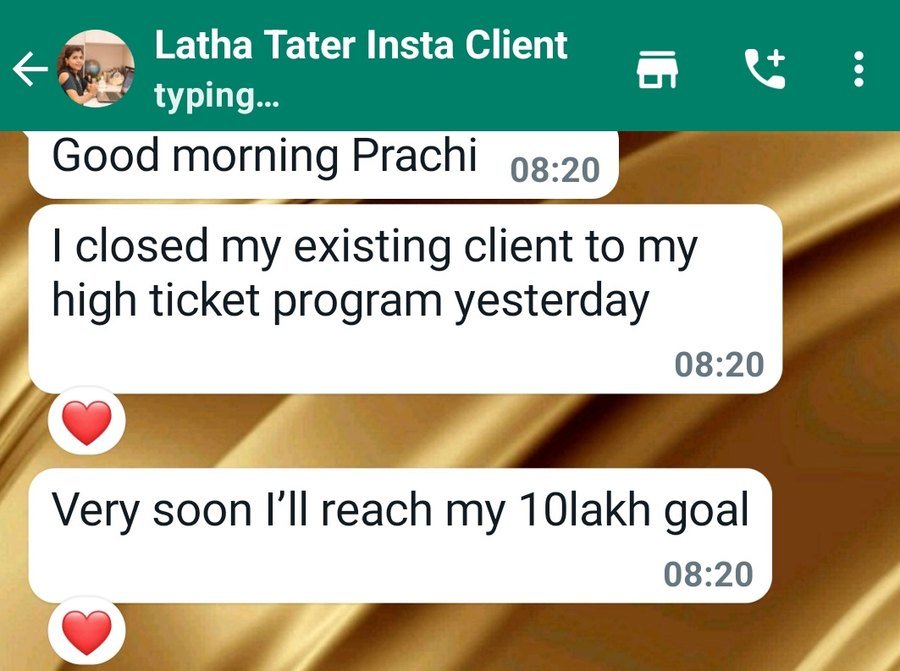 WhatsApp message from Latha Tater about closing a client into her high ticket programme