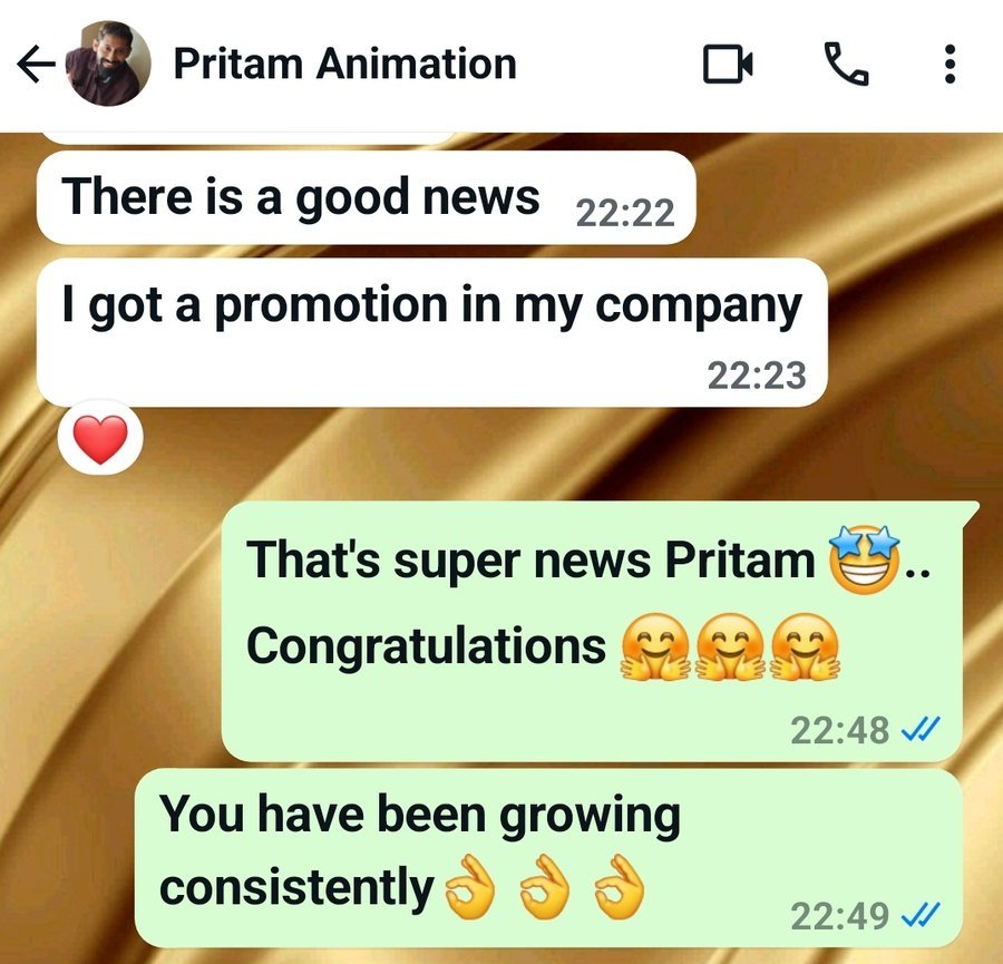 WhatsApp message from Pritam about getting a promotion