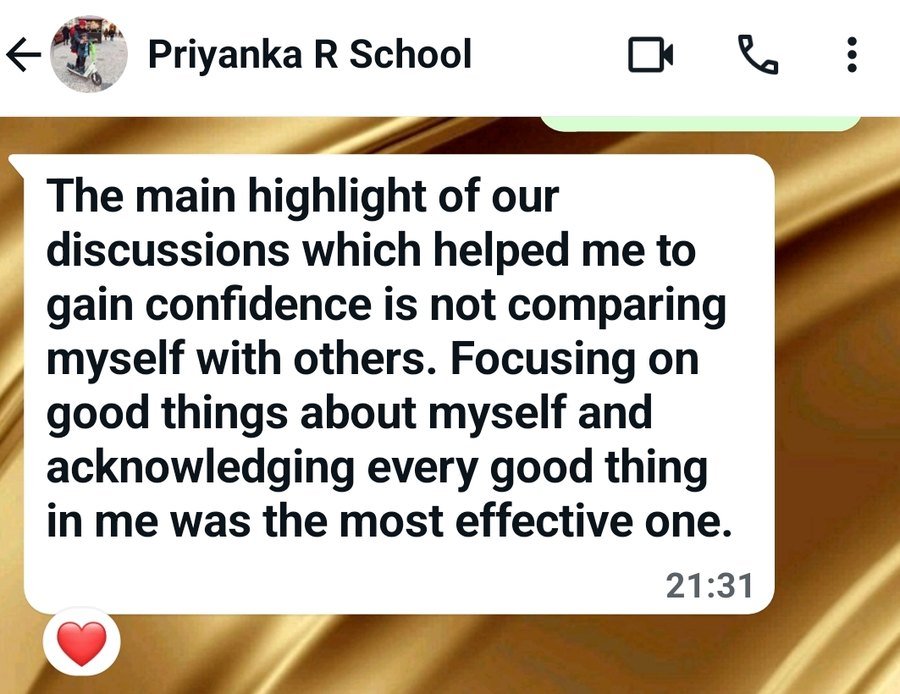 WhatsApp message from Priyanka Dhoble about no longer comparing herself with others