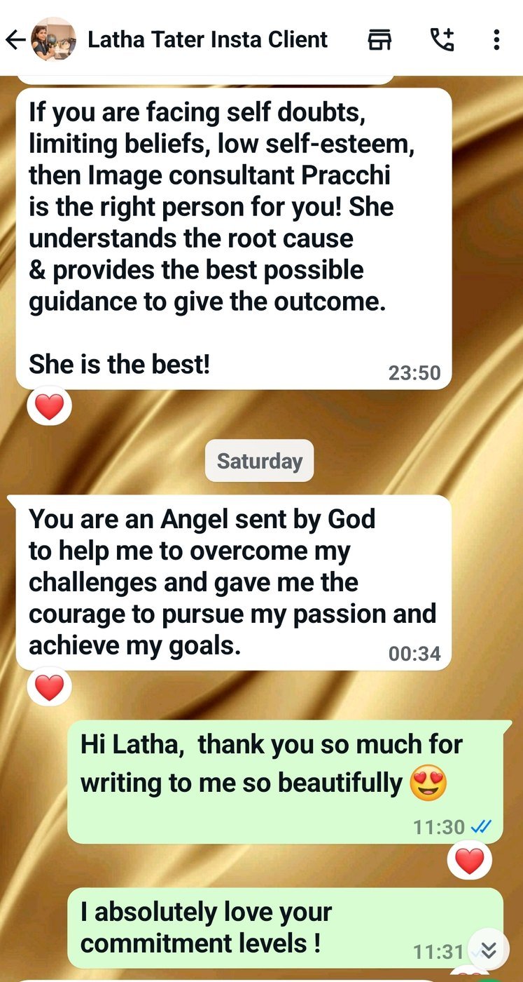 WhatsApp message from Latha Tater recommending Pracchi to anyone facing self-doubt